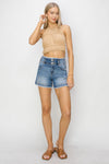 Risen High Rise Seam Detailed Raw Edge Denim Shorts