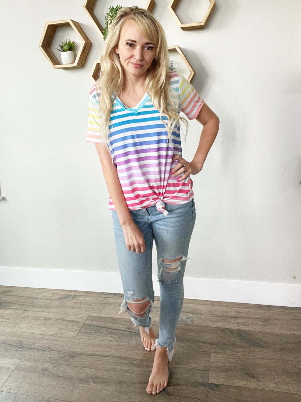 Looking for Rainbows V-Neck Striped Top