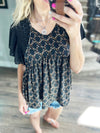 Elite Status Floral Print V-Neck with Eyelet Flutter Sleeves in Black