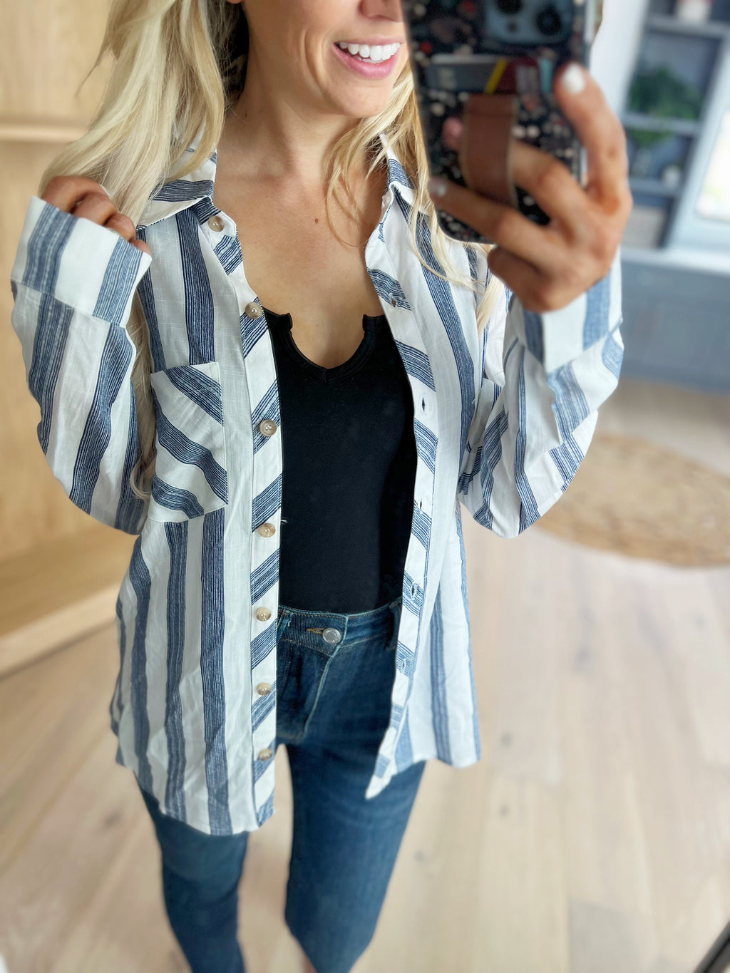 Sail Away Striped Button Down in Navy