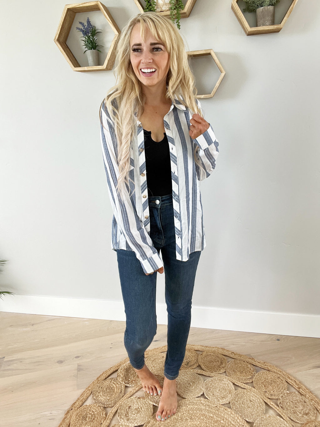 Sail Away Striped Button Down in Navy