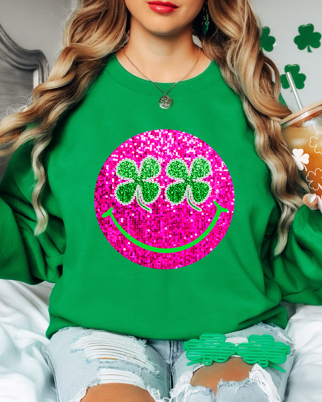 SMILEY FAUX SPARKLE SHAMROCK SWEATSHIRT