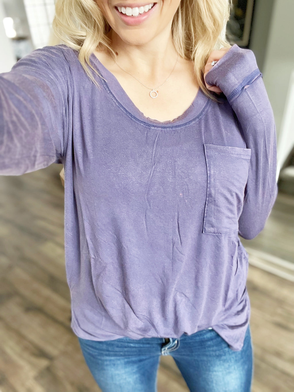 Long Sleeve Knit Top With Pocket In Denim Blue