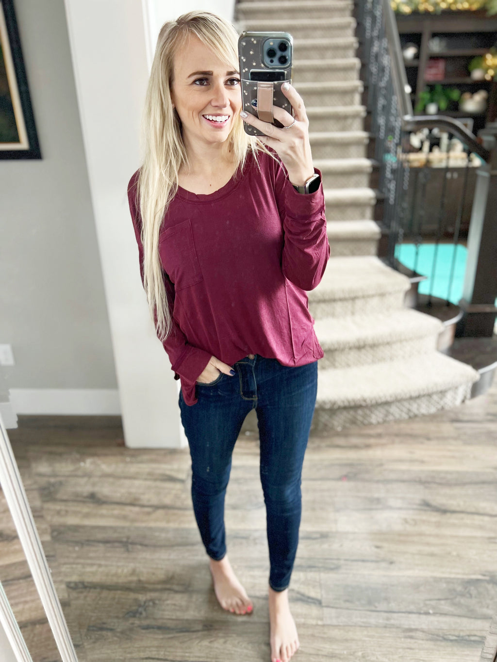 Long Sleeve Knit Top With Pocket In Burgundy