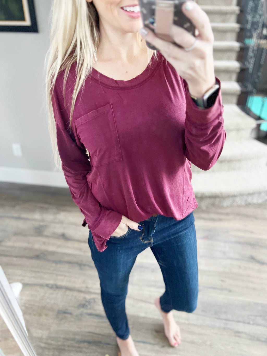 Long Sleeve Knit Top With Pocket In Burgundy